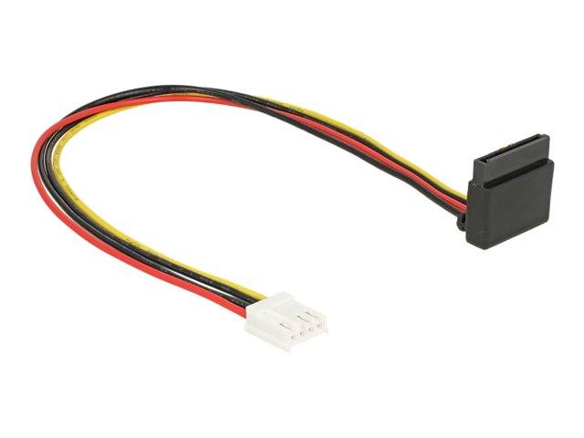 SATA-Stromadapterkabel mit schwarzen, roten und gelben Drähten, das einen schwarzen Stecker mit einem weißen 4-Pin-Stecker verbindet.