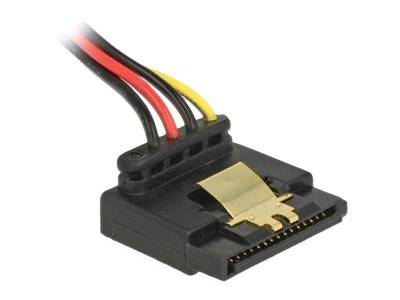 Nahaufnahme eines schwarzen Computernetzteils mit roten, schwarzen und gelben Kabeln, die angebracht sind, mit einem goldenen Stecker.