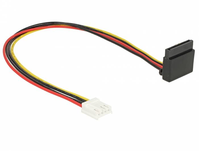 Schwarzes, rotes und gelbes Computerstromadapterkabel mit einem schwarzen Stecker an einem Ende und einem weißen Stecker am anderen Ende.