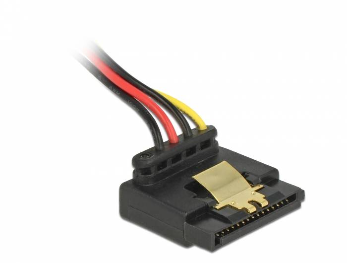 Nahaufnahme eines schwarzen internen Computerlaufwerk-Steckers mit vier angebrachten farbigen Drähten und einem goldenen Verriegelungsclip.