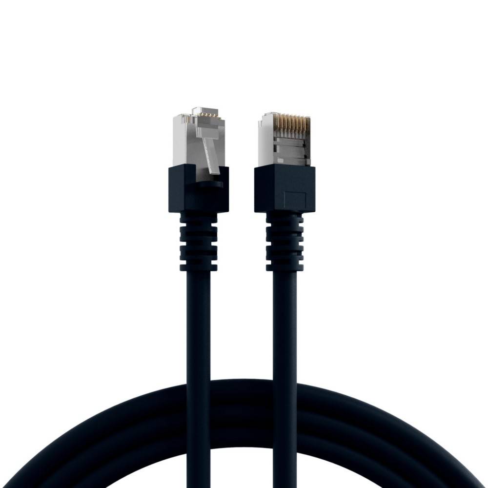 Ein schwarzes Ethernet-Kabel mit zwei RJ45-Steckern an jedem Ende, verwendet für Netzwerkverbindungen.