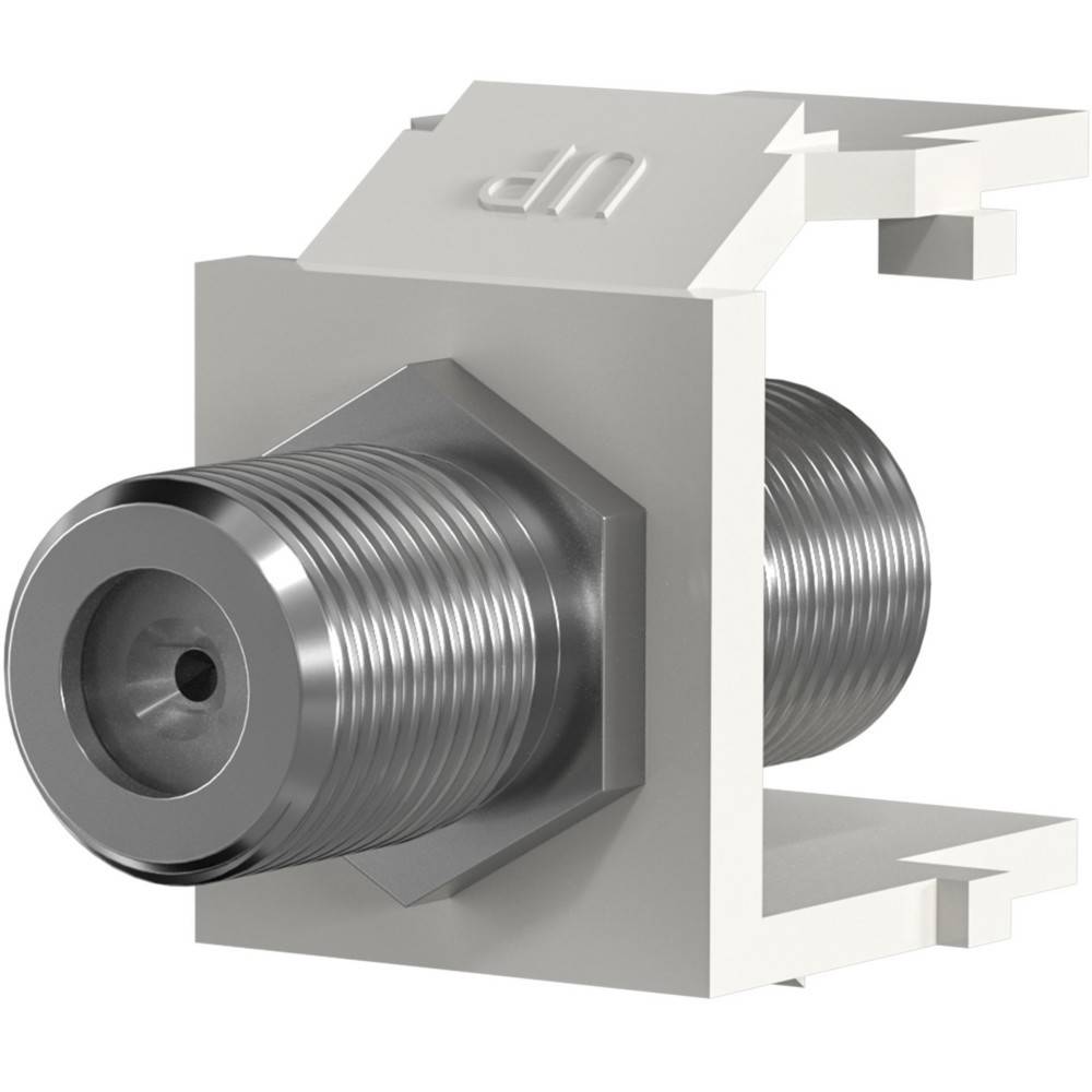 Ein Koaxial-F-Stecker aus Metall, der an einer weißen Befestigungshalterung angebracht ist.
