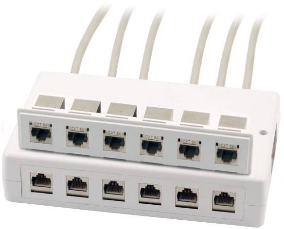 Ein weißes Netzwerk-Patchpanel mit mehreren Ethernet-Ports, die mit 'CAT 5A' beschriftet sind, und angeschlossenen Kabeln; verwendet für Internetverbindungen.