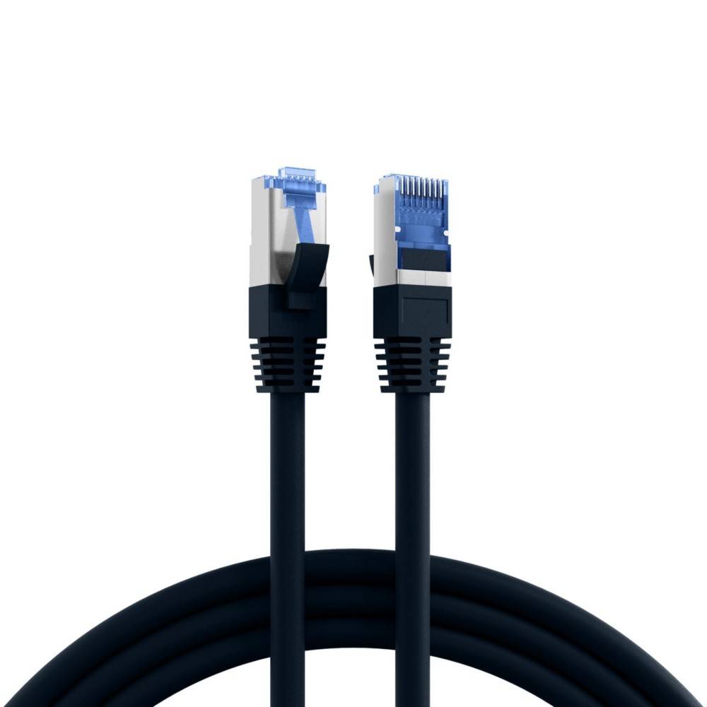 Zwei blaue Ethernet-Kabel mit nach oben gerichteten Steckern, ineinander verschlungen.
