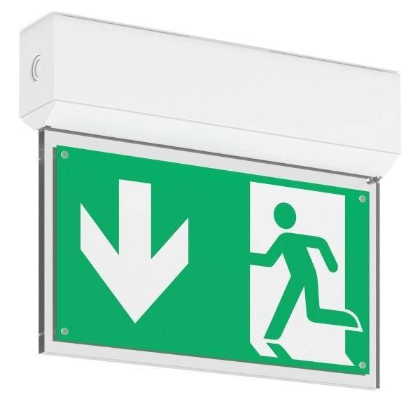 Fluchtwegeschild mit einer laufenden Person, die durch eine Tür geht, mit einem nach unten weisenden Pfeil, der eine Richtung für die Notfallevakuierung anzeigt.