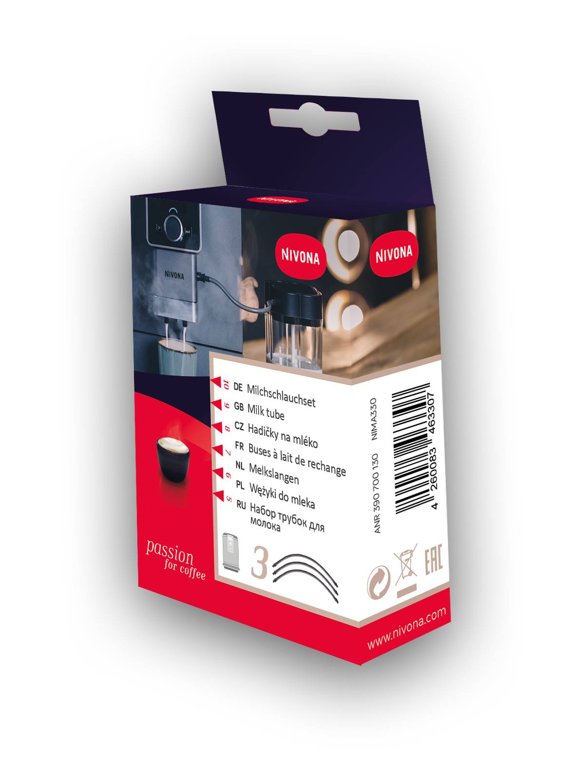 Nivona Kaffeemaschinen-Verpackungskarton mit mehrsprachigen Milchsystem-Anweisungen und Produktbranding auf einem weiß-roten Karton.