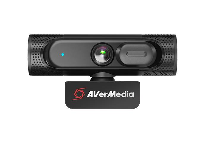 AVerMedia Webcam mit zentraler Linse, blauem Statuslicht und Datenschutzblende auf einer Halterung vor weißem Hintergrund.
