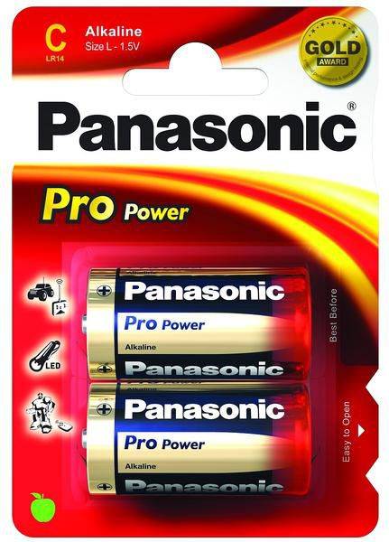 Panasonic Pro Power Alkaline-C-Batterie-Paket mit zwei Batterien, mit Abzeichen 