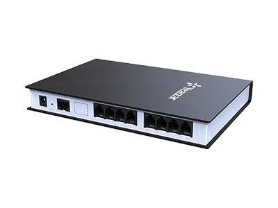 Schwarzer Netzwerk-Switch mit mehreren Ethernet-Anschlüssen und einer Stromversorgungseingabe auf der Frontplatte.