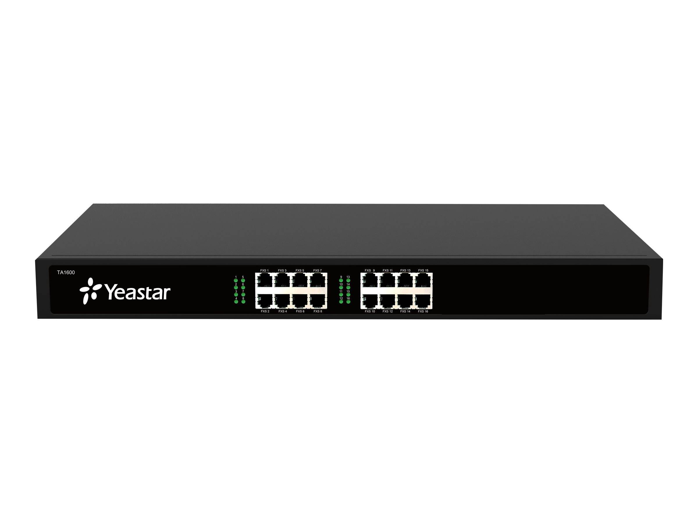 Vorderansicht eines Yeastar-Rackmount-Netzwerkgeräts mit acht Ethernet-Anschlüssen und Statusleuchten auf einem schwarzen Gehäuse.