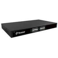 Schwarzer Yeastar-Netzwerkschalter oder VoIP-Appliance mit mehreren vorderen Ethernet-Anschlüssen auf weißem Hintergrund.