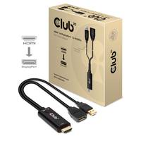Produktbild einer CLUB 3-in-1-Adapterkabelbox mit HDMI- und DisplayPort-Kompatibilität, wobei das Kabel und die Anschlüsse neben der Verpackung angezeigt werden.