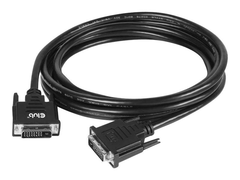 Schwarzes Kabel mit DVI-Anschlüssen an beiden Enden, auf weißem Hintergrund aufgerollt.