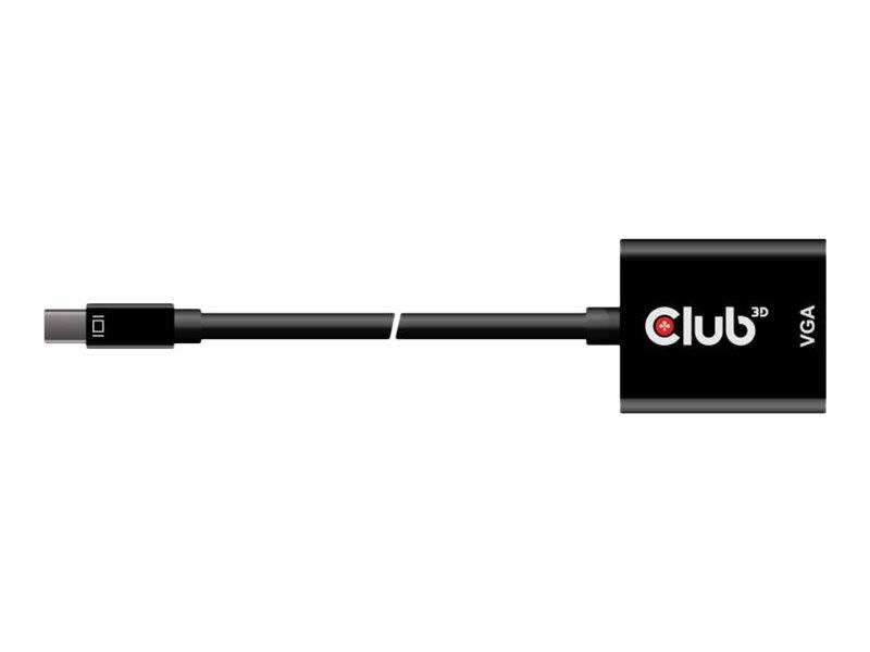 Schwarzes VGA-Kabel mit einem Club 3D-Adapter-Stecker auf der einen Seite und einem quadratischen Stecker auf der anderen Seite, dargestellt auf weißem Hintergrund.