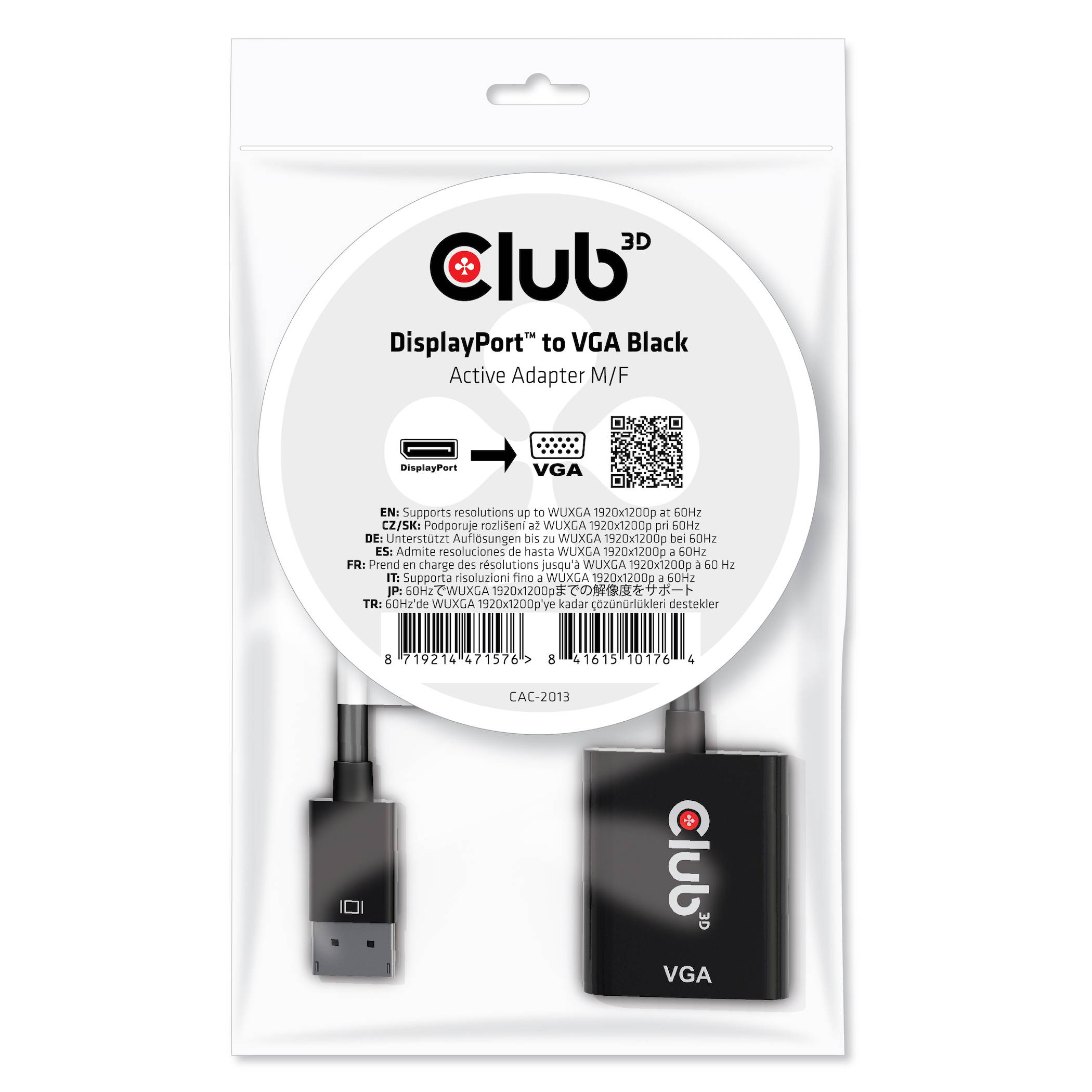 Club 3D DisplayPort zu VGA schwarz aktiver Adapter, Stecker-zu-Buchse, abgebildet in Einzelhandelsverpackung mit enthaltenem Kabel und VGA-Anschluss.