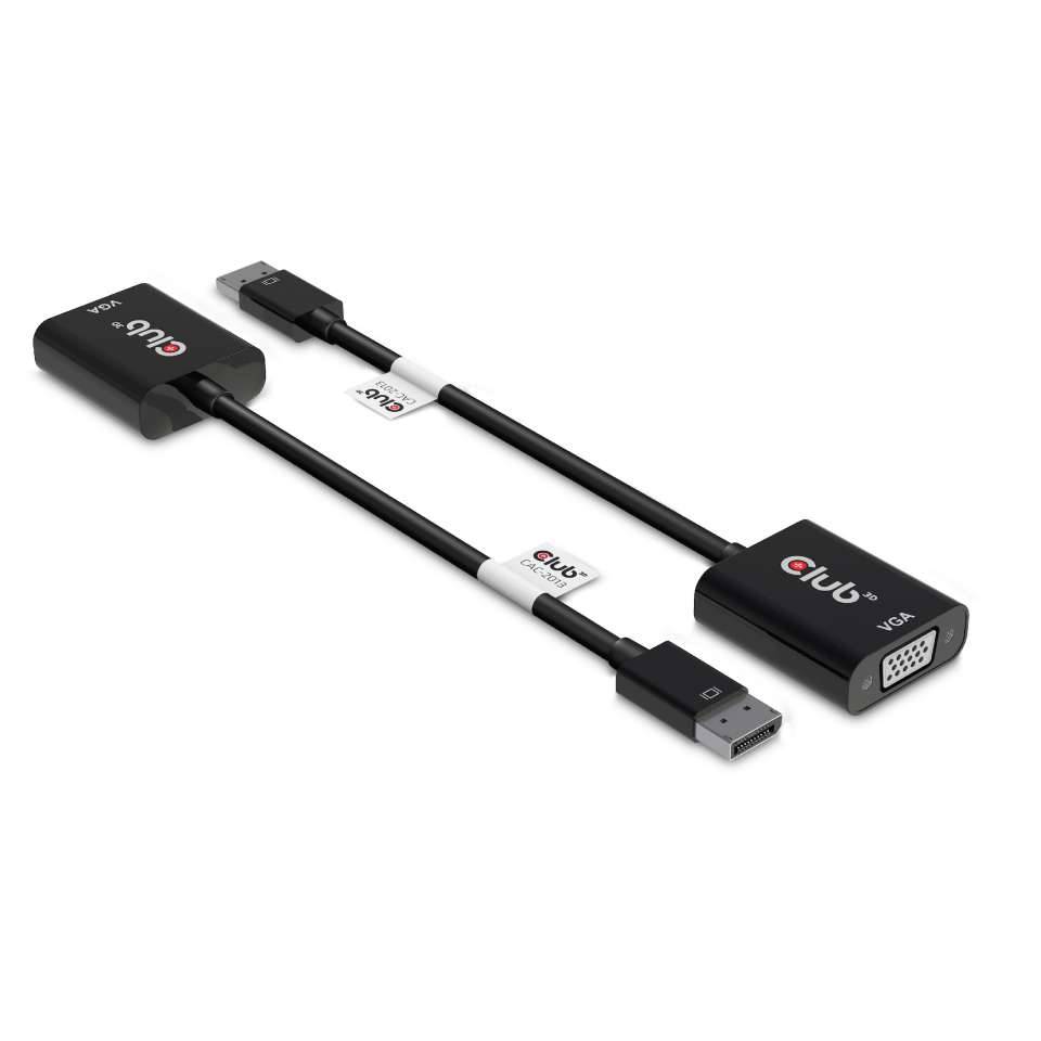 Zwei Club-Marken-Videoadapterkabel auf weißem Hintergrund, eines HDMI auf VGA und eines VGA auf HDMI, zum Verbinden von Displays und Geräten.