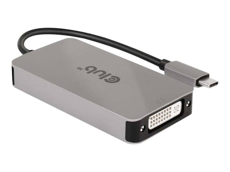 USB-C-Multiport-Adapter mit angeschlossenem Kabel, ausgestattet mit HDMI- und DVI-Anschlüssen auf einem kompakten silbernen und schwarzen Hub.