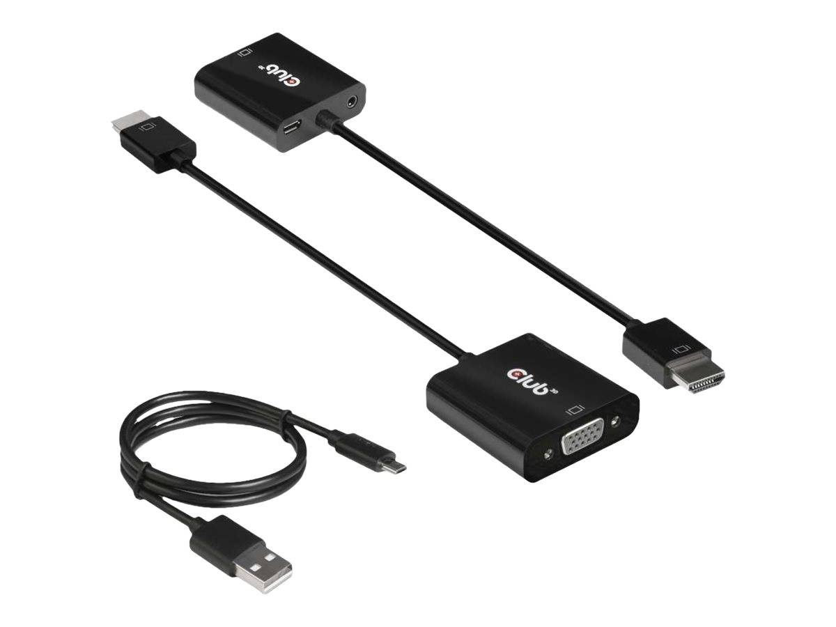 Schwarzes USB-zu-VGA-Adapter-Set mit angeschlossenen HDMI- und VGA-Kabeln sowie separatem USB-Ladekabel, gezeigt auf weißem Hintergrund.
