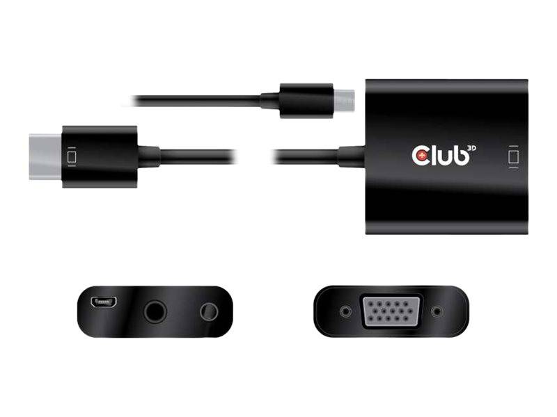 Club 3D-Adapterkabel mit USB-C-Anschluss und zwei Ansichten des Geräts sowie Vorder- und Rückseiten mit Anschlüssen für die Displayverbindung.
