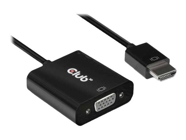 Schwarzes VGA-auf-DVI-Adapterkabel mit einem VGA-Buchsenanschluss an einem Ende und einem DVI-Stecker am anderen Ende, mit der Bezeichnung „club 3d