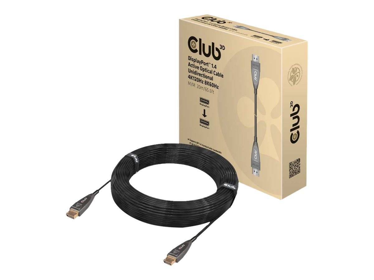 Aufgerolltes schwarzes Club 3D DisplayPort-Kabel mit vergoldeten Anschlüssen neben seiner Einzelhandelsverpackung auf weißem Hintergrund.