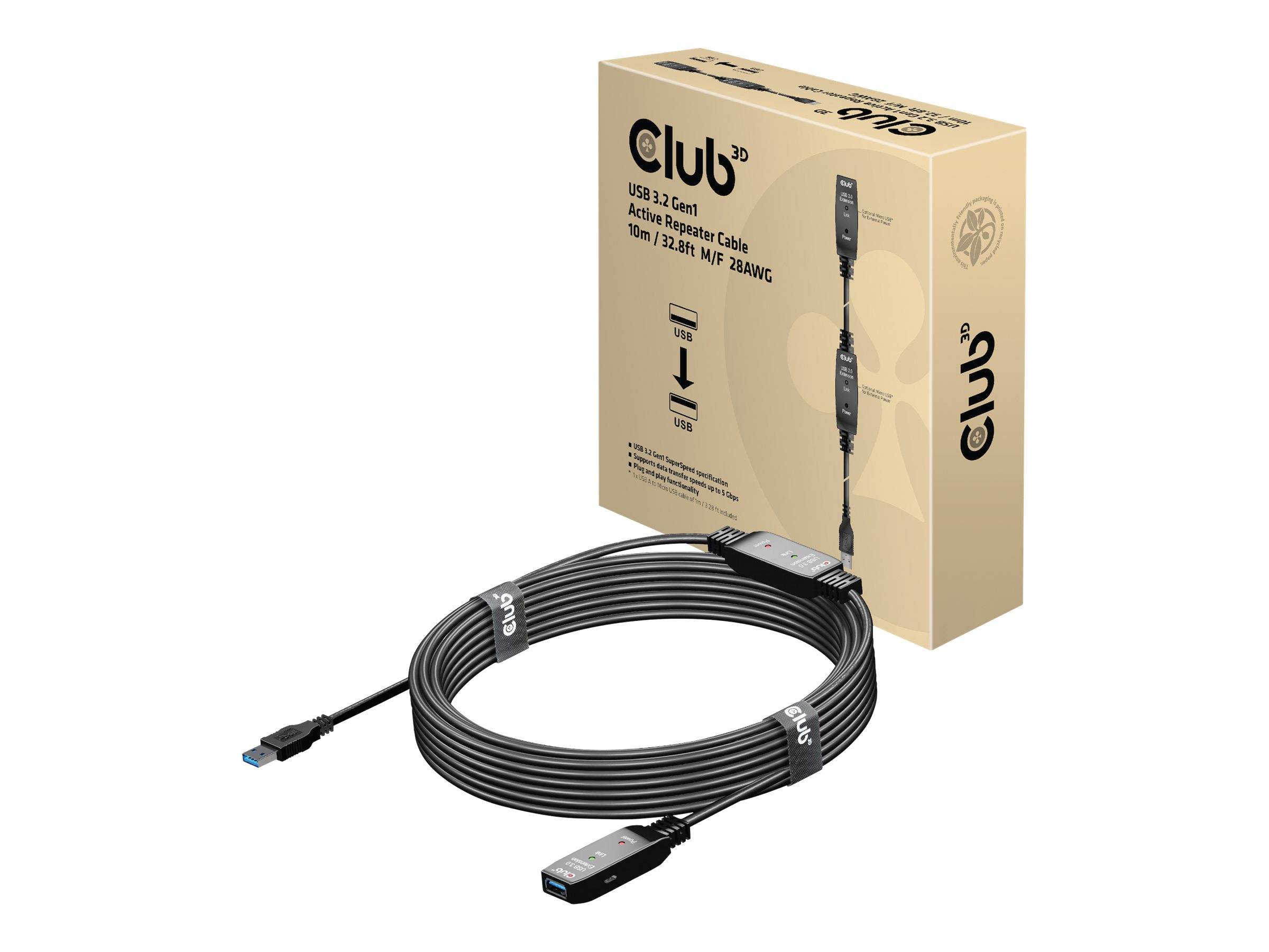 Black Club 3-Meter-USB-C-Kabel aufgerollt vor seiner Einzelhandelschachtel, gezeigt mit USB-C-Steckern an beiden Enden.