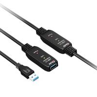USB 3.0-Verlängerungskabel mit integrierten Signalverstärkern und LED-Indikatoren, gezeigt mit USB-A-Stecker und -Buchse.