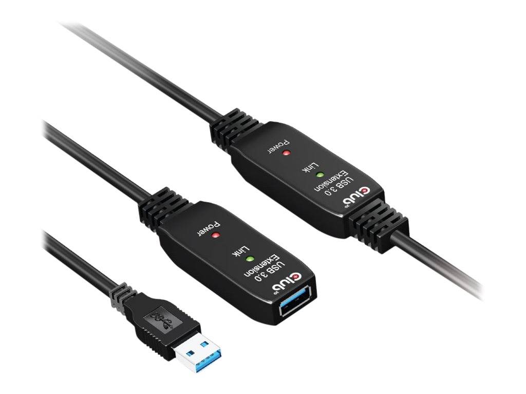 USB 3.0 Aktivverlängerungskabel mit integrierten Signalverstärkermodulen und Anzeigelichtern, das einen USB-A-Stecker zeigt, der mit einer USB-A-Buchse verbunden ist.
