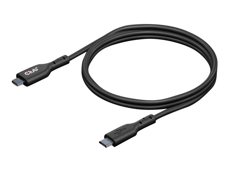 Schwarzes USB-C-Kabel aufgerollt auf weißem Hintergrund, wobeionde Steckerenden und der Markenname „elus