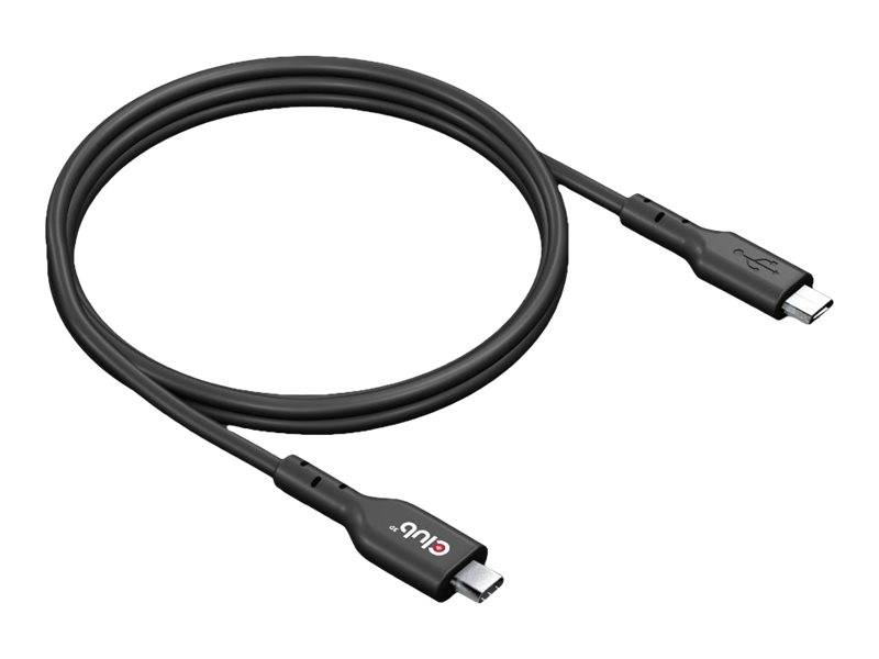 Schwarzes USB-C-zu-USB-C-Kabel, aufgerollt auf weißem Hintergrund, wobei beide Steckerenden sichtbar sind.