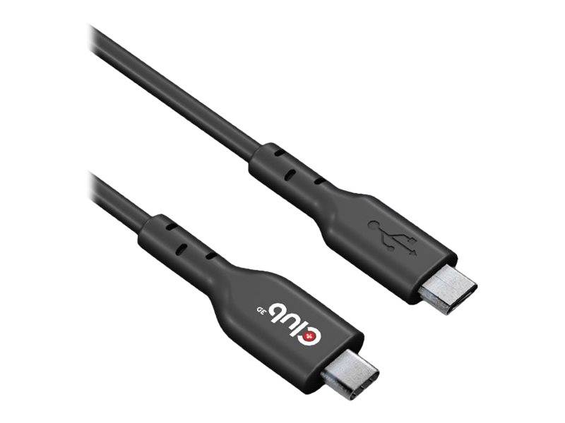 Schwarzes USB-C-Ladekabel mit Steckern auf weißem Hintergrund, ein Ende mit USB gekennzeichnet und das andere mit USB-C.