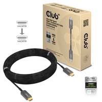Aufgerolltes HDMI-Kabel mit Steckverbindern neben Club 3D Produktbox, plus „HDMI"-Symbol und „Ultra High Speed""-Bezeichnung.