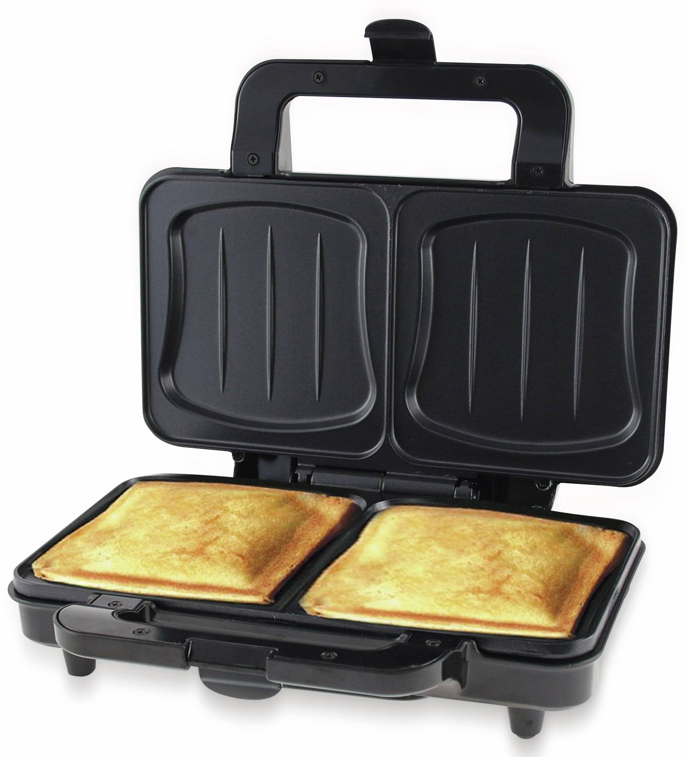 Toaster mit zwei goldbraun gerösteten Sandwiches darin.