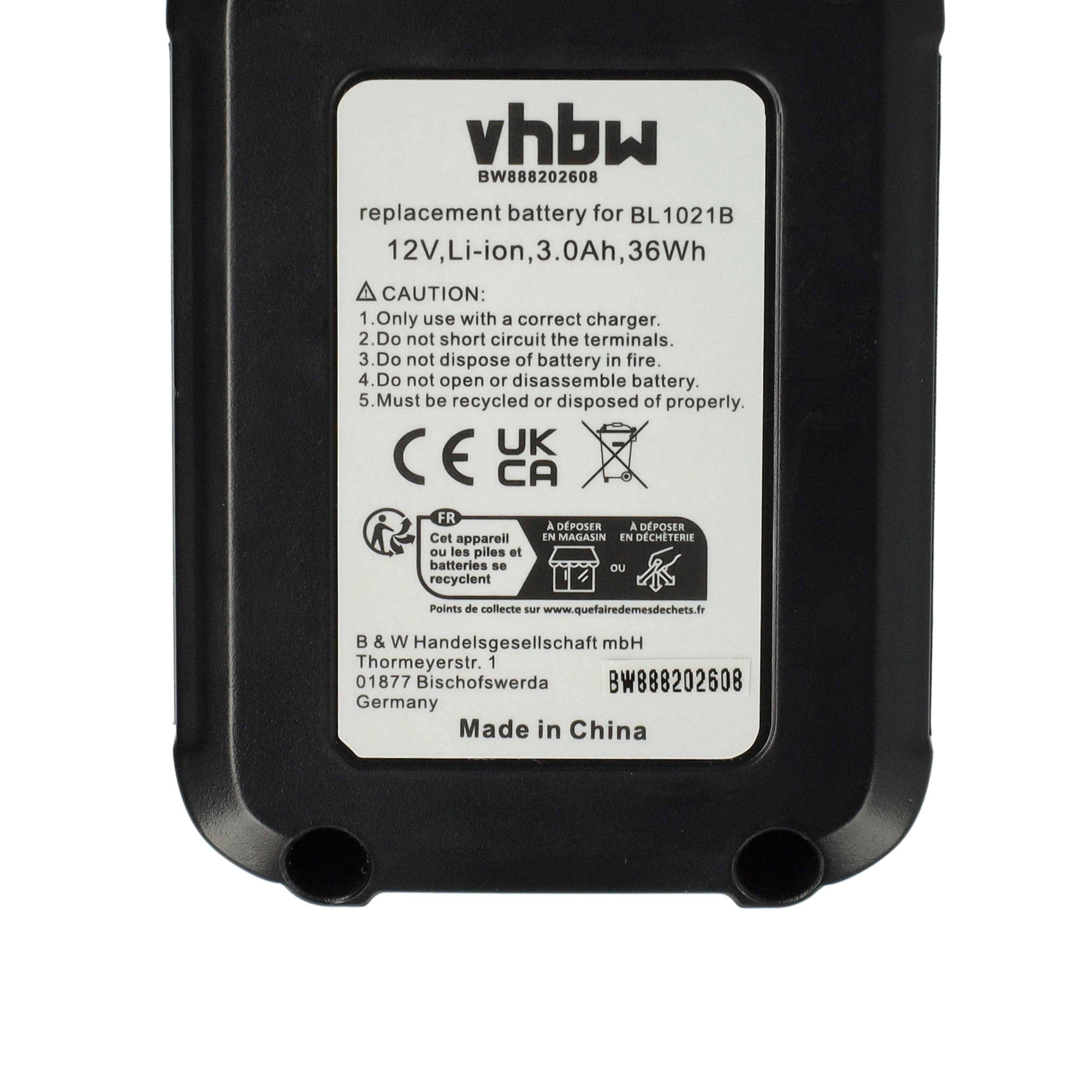 vhbw Akku kompatibel mit Makita DC10SB, DCM501, DCM501Z, DCM501ZAR, DF031D Elektrowerkzeug (3000 mAh, Li-Ion, 12 V, 3 Zellen)