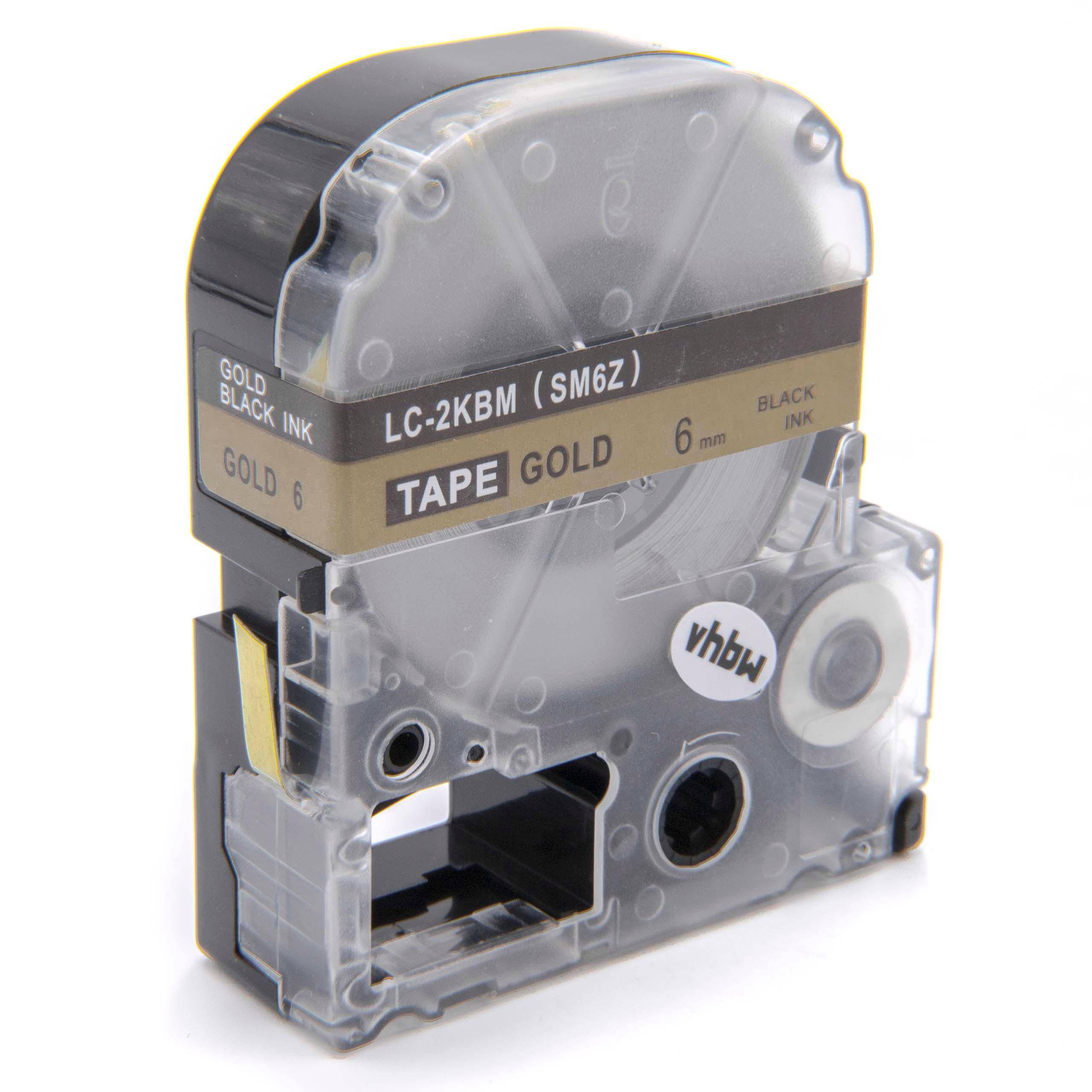 vhbw Schriftband-Kassette kompatibel mit KingJim SR3900C, SR150, SR3700P, SR330, SR300TF, SR180, SR230C Etiketten-Drucker 8m x 6mm Schwarz auf Gold