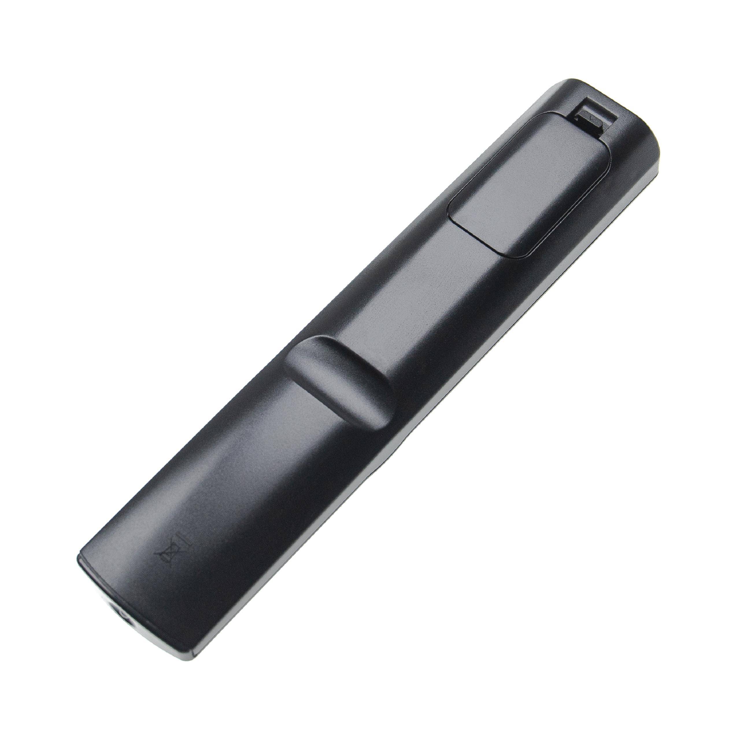 Eine schwarze Fernbedienung mit schlichtem Design, mit rechteckiger Form und minimalen Tasten, von der Seite betrachtet.