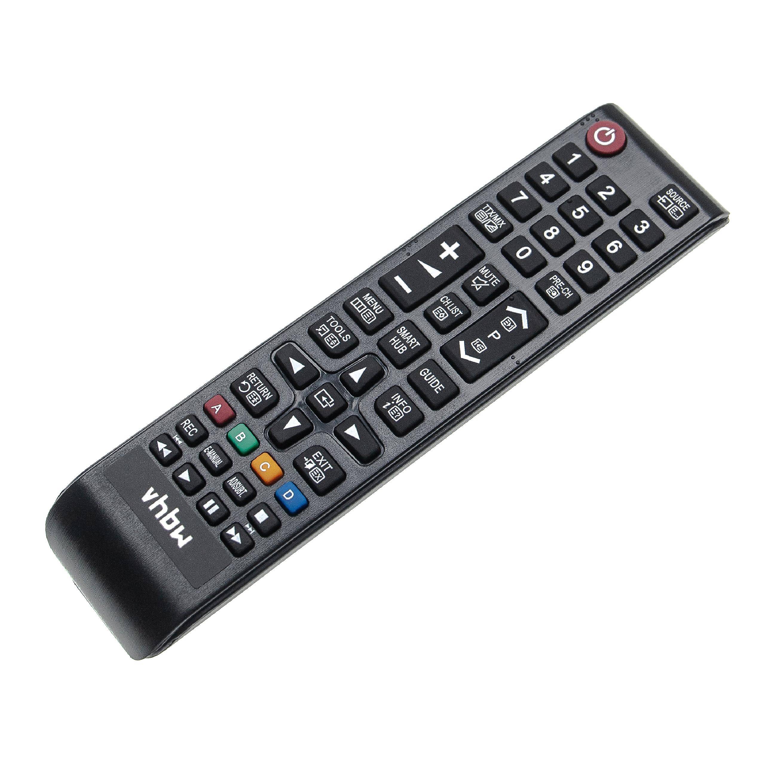 Eine schwarze Fernbedienung mit verschiedenen Tasten, einschließlich Zahlen, Lautstärke, Kanal und farbigen Funktionstasten, vor einem weißen Hintergrund abgebildet.