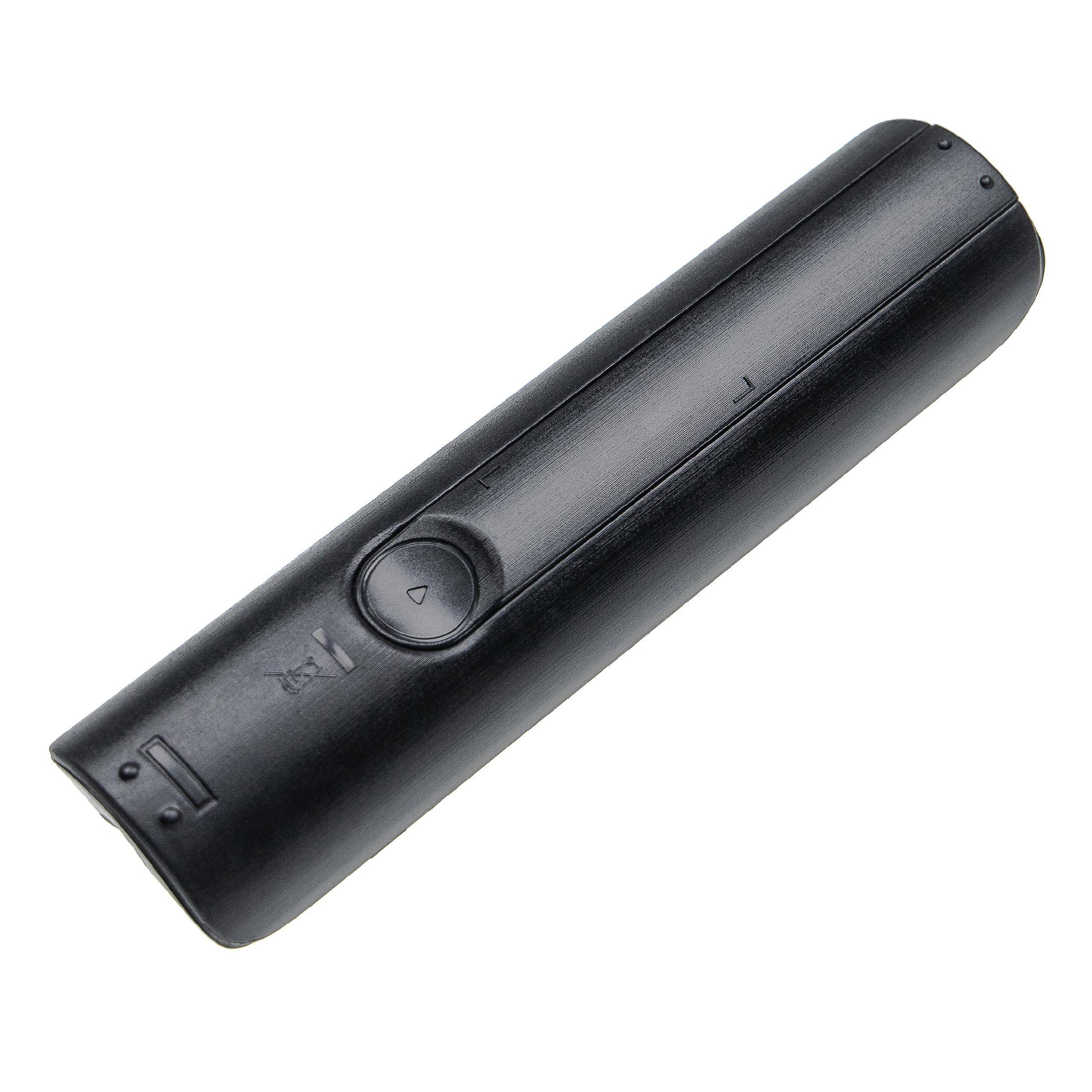 Eine schwarze zylindrische Fernbedienung mit einem kreisförmigen Knopf, einem Pfeil und einem Stummschalt-Symbol, die zur Steuerung elektronischer Geräte verwendet wird.