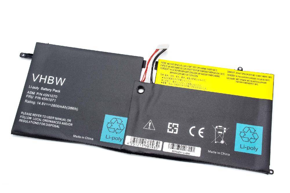 Nahaufnahme einer Li-Polymer-Laptop-Batterie. Sichtbare Beschriftungen umfassen die Kapazität „2800mAh/38Wh