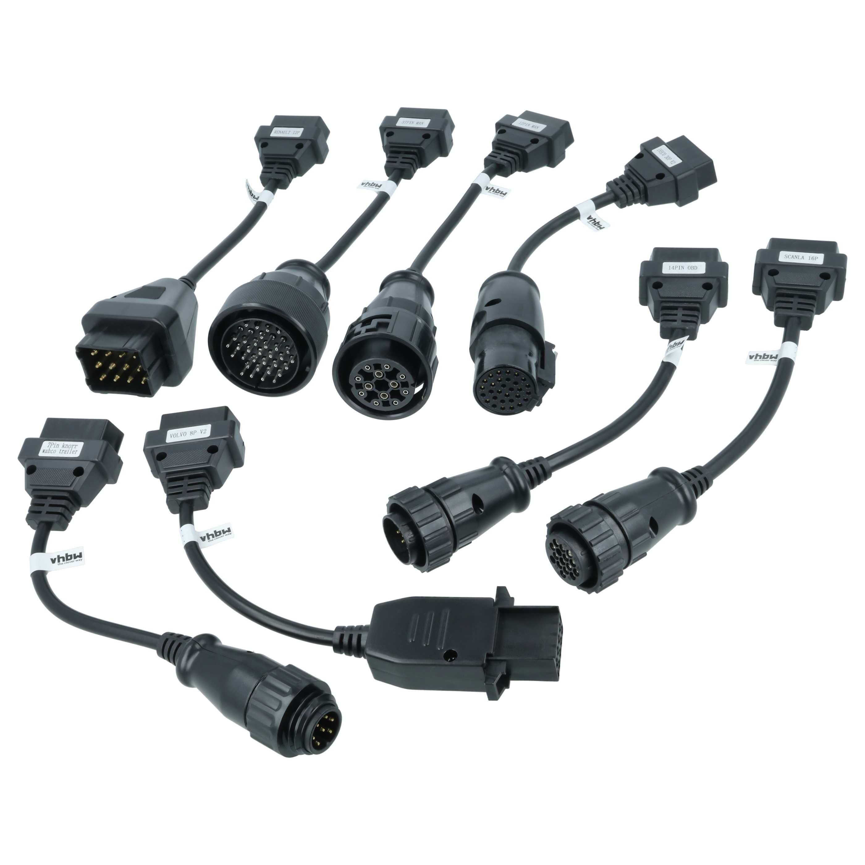 Sortierte schwarze Kfz-Diagnose-Adapterkabel mit mehreren Steckerverbindungen auf weißem Hintergrund.