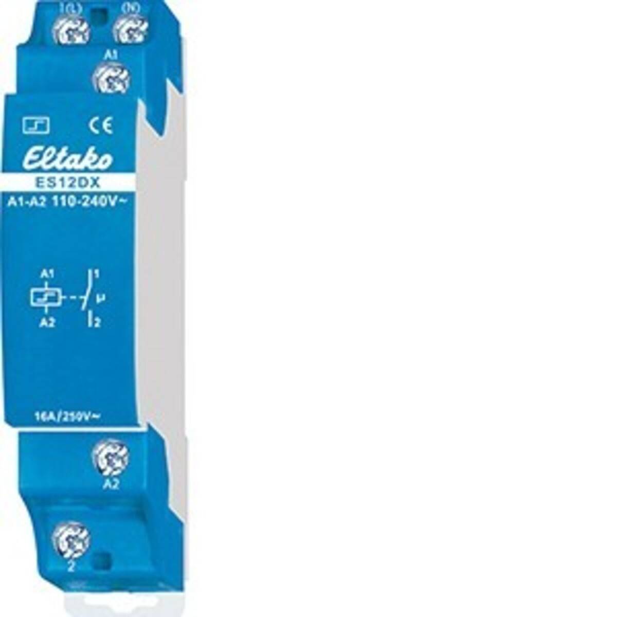 Blaues Eltako ES12DX Relaismodul mit beschrifteten Anschlüssen und Schaltplan auf der Vorderseite.