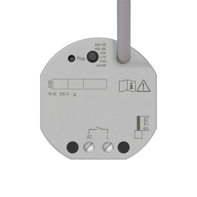 Rückansicht eines grauen KNX-Relaismoduls mit Verdrahtungsklemmen, Status-LEDs und Sicherheits-/Verbindungssymbolen.