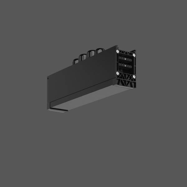 Schwarze rechteckige HVAC-Einheit oder Luftkanalkomponente in 3D vor einem einfachen grauen Hintergrund, mit sichtbaren Lüftungsöffnungen und Montagedetails an einem Ende.