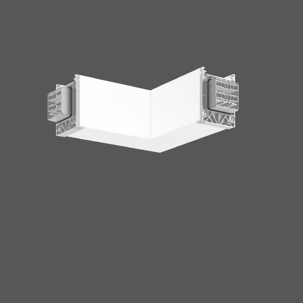 3D-Rendering eines weißen V-förmigen Eck-Decken- oder Wandverkleidungselements mit detaillierten Befestigungsenden auf grauem Hintergrund.