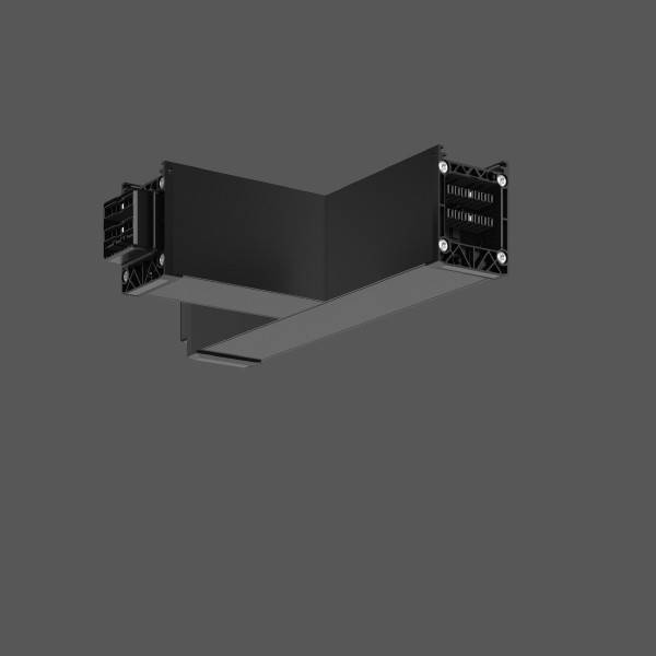 Schwarzes Metall-HVAC-Kanalverbindungsstück mit gewinkelmit gewindeltem Mittelteil und flanschigen Enden auf grauem Hintergrund.