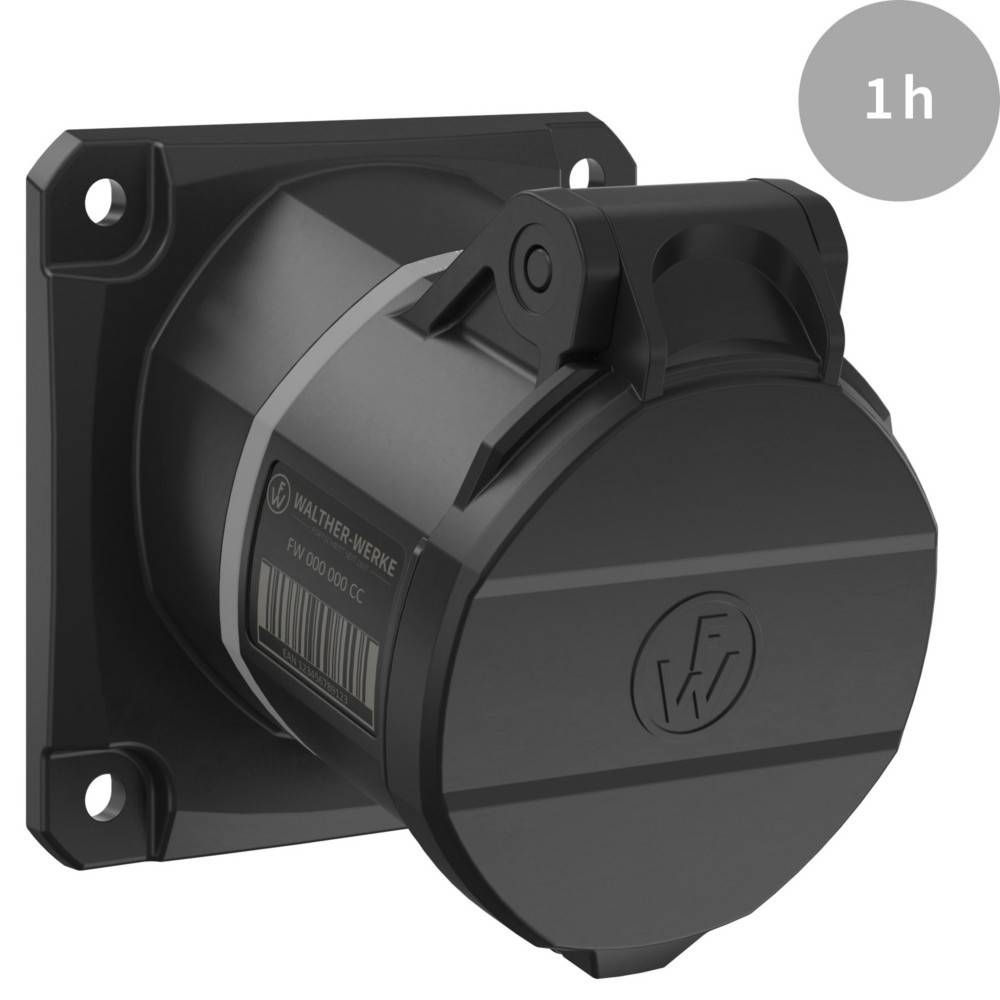 Eine schwarze elektrische Wandsteckdose mit klappbarem Deckel, die für Haltbarkeit und Outdoor-Einsatz konzipiert ist. Ein kleines '1h' Etikett befindet sich in der Ecke.