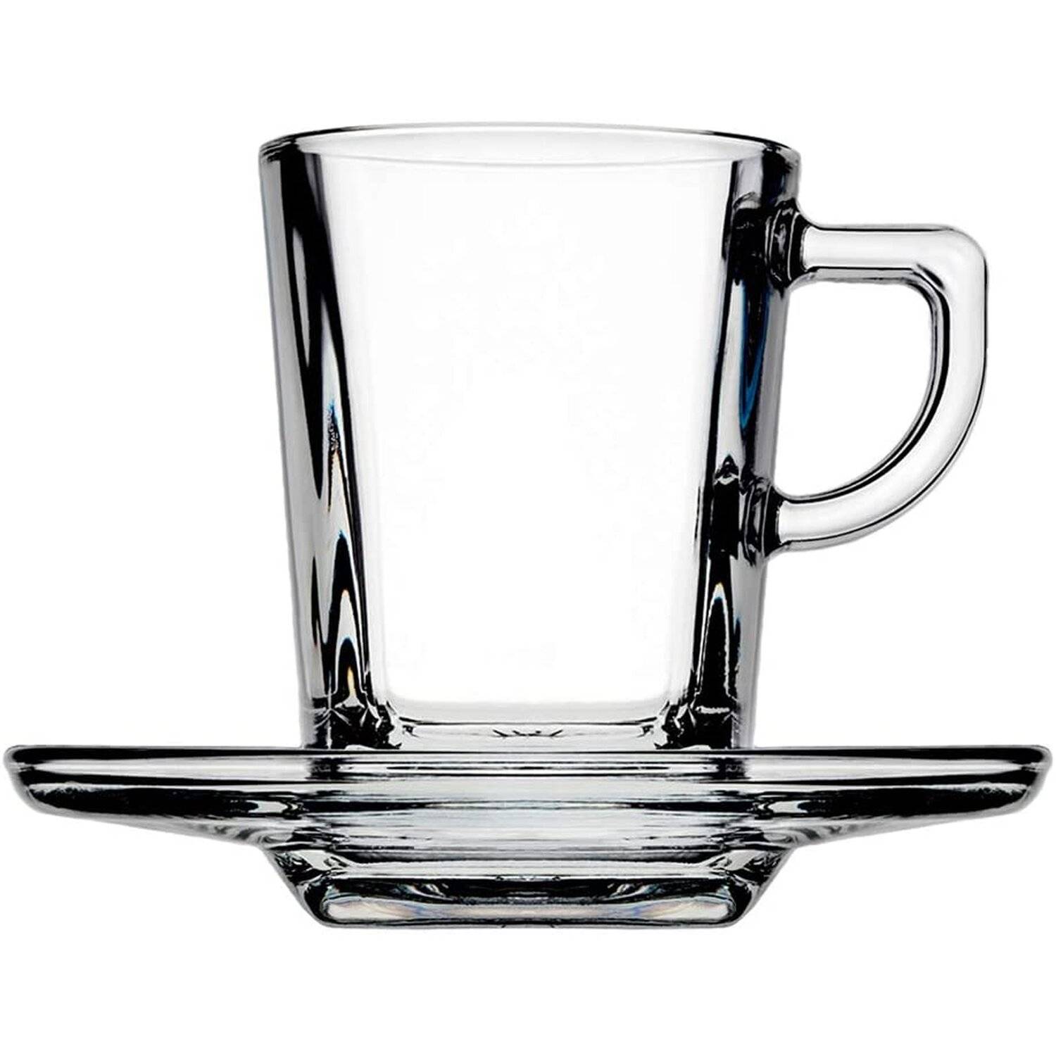 Pasabahce Carre Service Espressotassen mit Teller Untertasse mit Henkel Griff, Glas, Transparent, 12 Stück