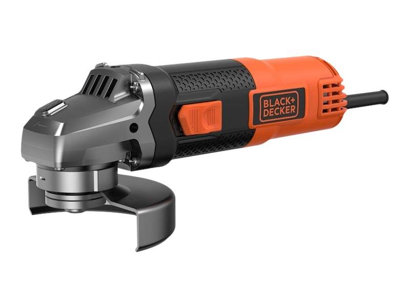 Eine elektrisch betriebene Winkelschleifer in der Hand, mit einem schwarz-orangefarbenen Design und dem Markennamen 'BLACK+DECKER' an der Seite.