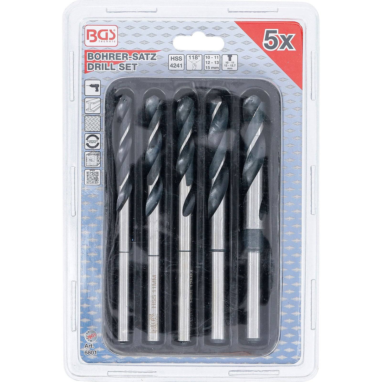 Ein Paket mit fünf BGS-Bohrern, gekennzeichnet als 'Bohrer-Satz Drill Set' mit verschiedenen Größen, ausgelegt für Metall- und Holzbohrungen.
