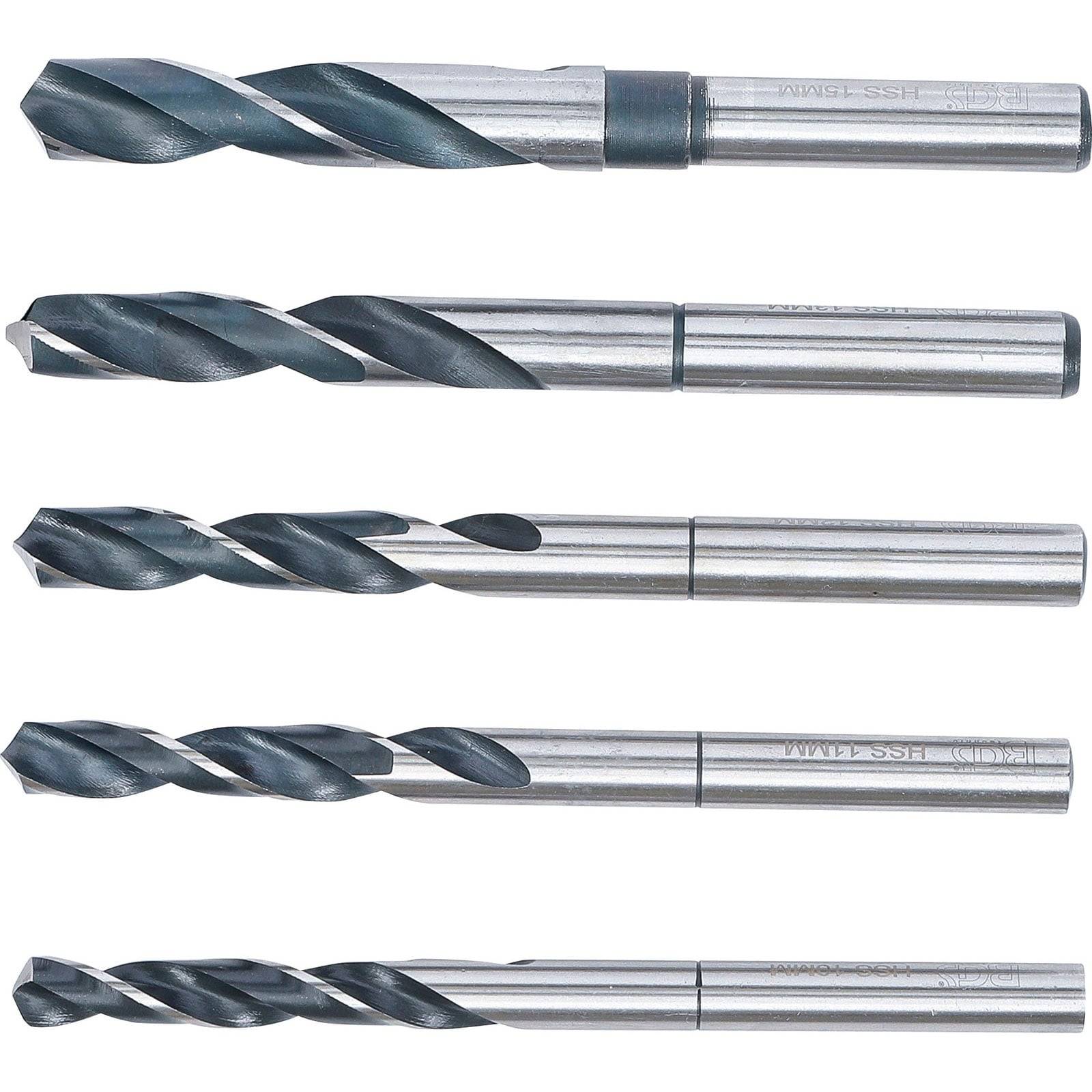 Fünf Metallbohrer unterschiedlicher Größen horizontal angeordnet, die verschiedene Durchmesser und Längen zeigen und für unterschiedliche Bohranforderungen geeignet sind.
